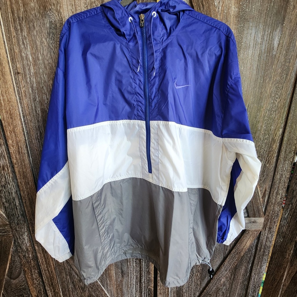 Nike‎ Windbreaker Men's Size M Blue Gray White Casual Rain Jacket Hood Vintage